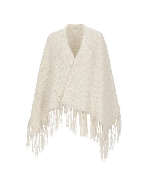 Peserico White Sequin-Embellished Fringed Cape