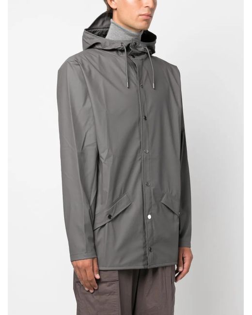 Rains Gray Drawstring-Hood Press-Stud Parka Coat