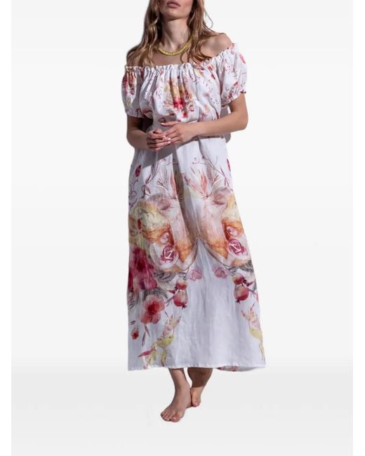 FOLIE DU LIN White Eleis Floral-Print Off-The-Shoulder Maxi Dress