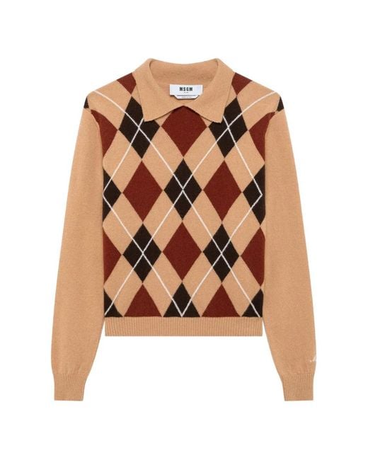 MSGM Pink Argyle-Pattern Polo-Collar Sweater