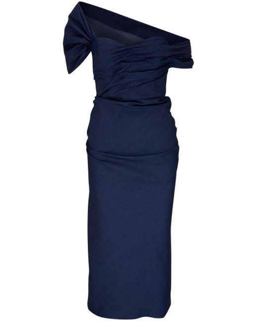 Carolina Herrera Blue Off-shoulder Ruched Midi Dress