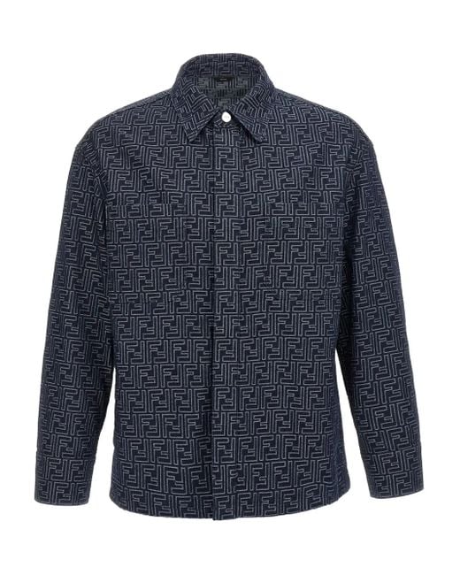 Fendi Blue Monogram-Pattern Shirt Jacket for men