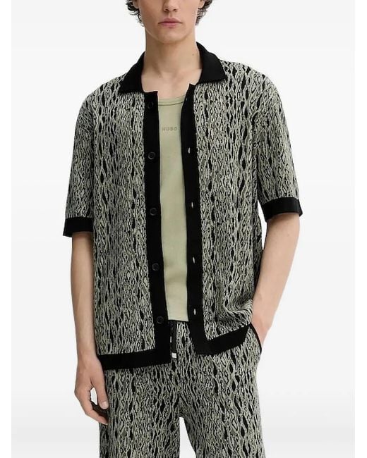 HUGO Gray Jacquard-Pattern Short-Sleeve Shirt for men