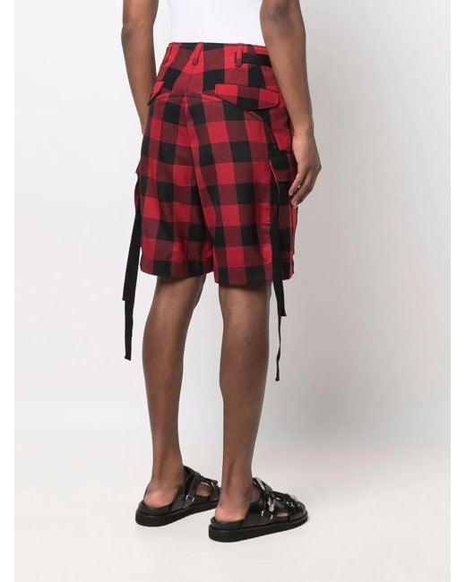 Sacai Red Check-Print Belted Cargo Shorts for men
