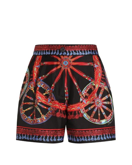 Dolce & Gabbana Red Carretto-Print Silk Vanity Bermuda Shorts