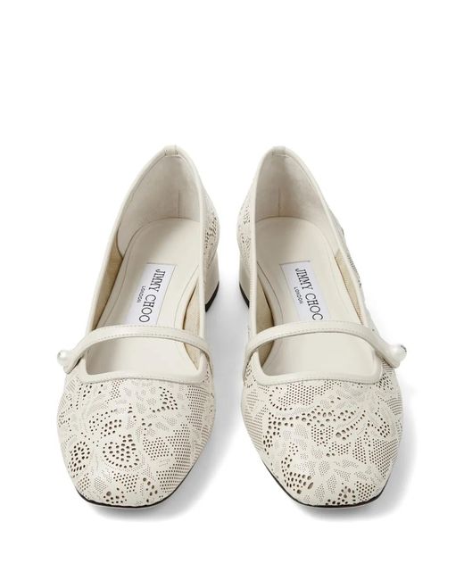 Jimmy Choo White Elisa Pearl Laser-Cut Ballerina