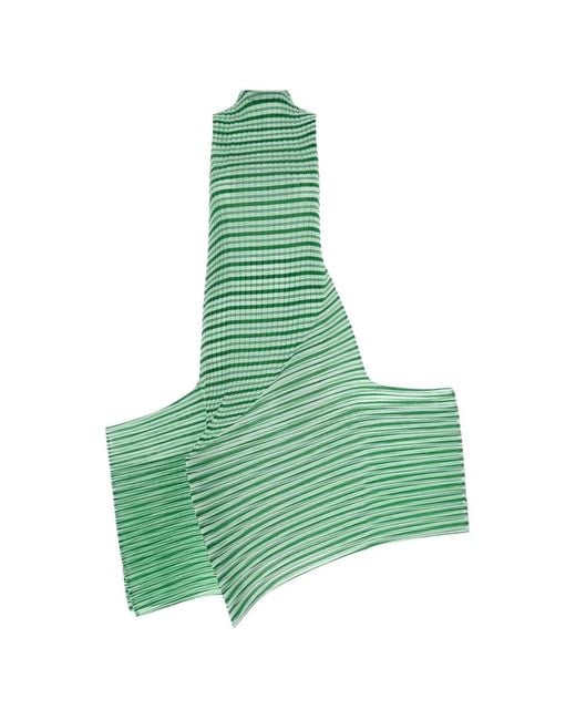 Issey Miyake Green Striped Pleated Mini Dress