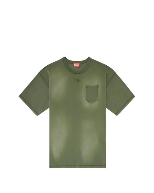DIESEL Green Faded T-Shirt With Ripped Pocket Detail for men