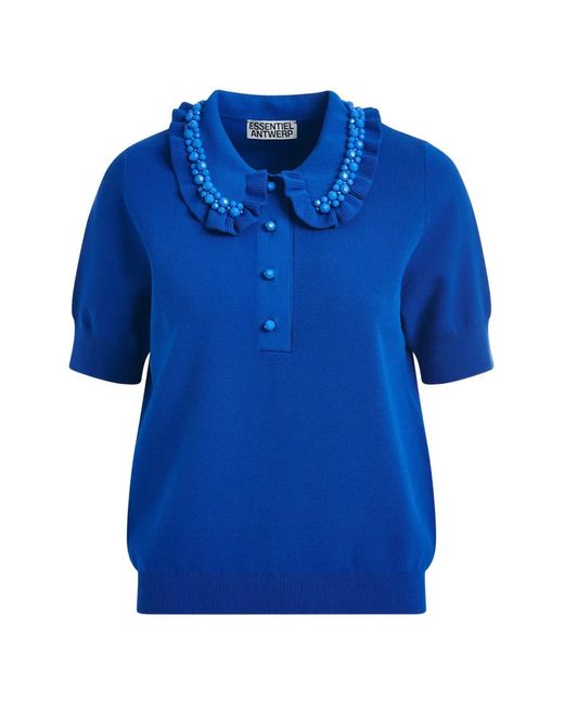 Essentiel Antwerp Blue Jewelry Ruffled Polo Shirt
