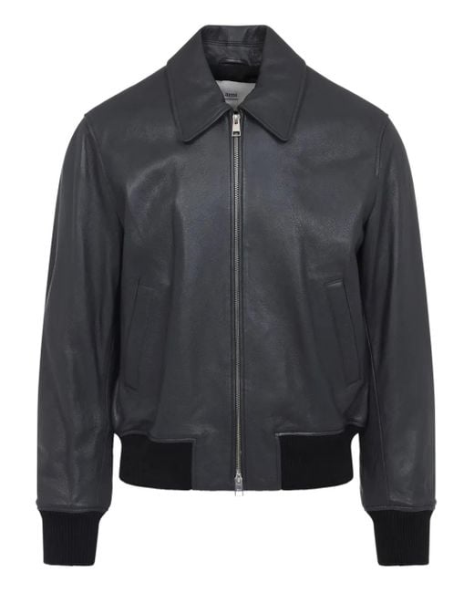 AMI Gray Zip-Front Leather Jacket for men