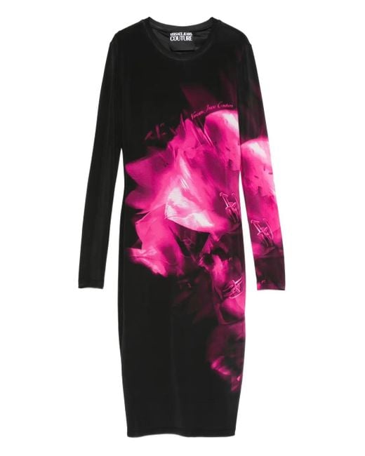 Versace Jeans Couture Pink Floral-Print Long-Sleeve Midi Dress