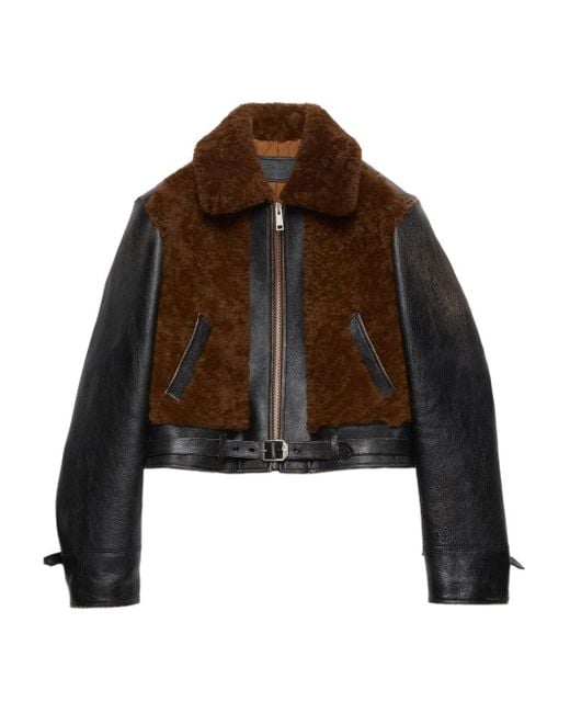Prada Brown Lederjacke Mit Shearling-Einsatz