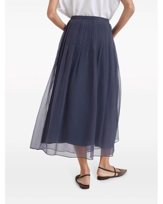 Brunello Cucinelli Blue Pleated Silk Midi Skirt