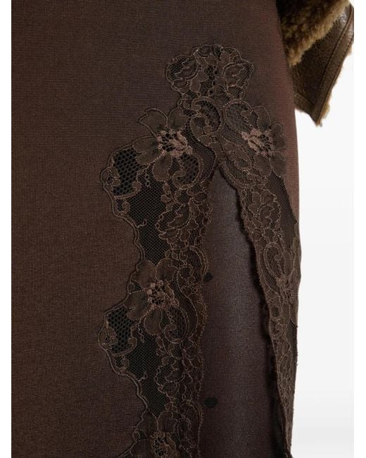Balmain Brown Knit Midi Skirt With Lace