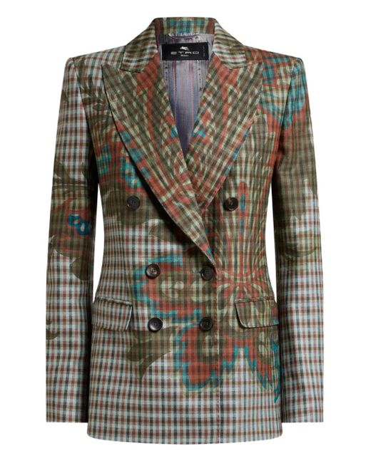 Etro Green Double-Breasted Wool-Blend Gingham Jacket