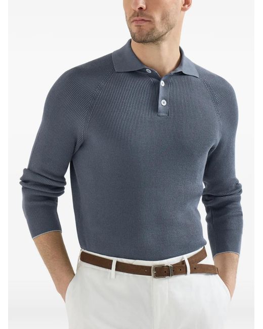 Brunello Cucinelli Blue Cotton English Rib Knit Polo With Long Raglan Sleeves for men