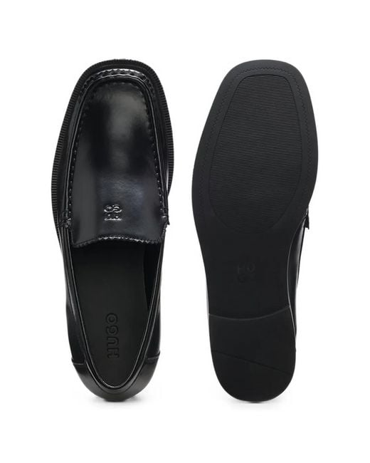 HUGO Black Leather Moccasins With Stacked Logo
