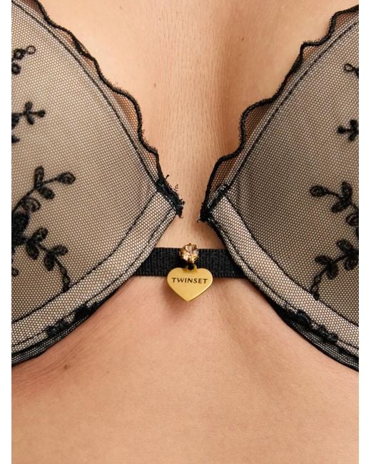 Twinset Black Floral-Embroidered Mesh Bra