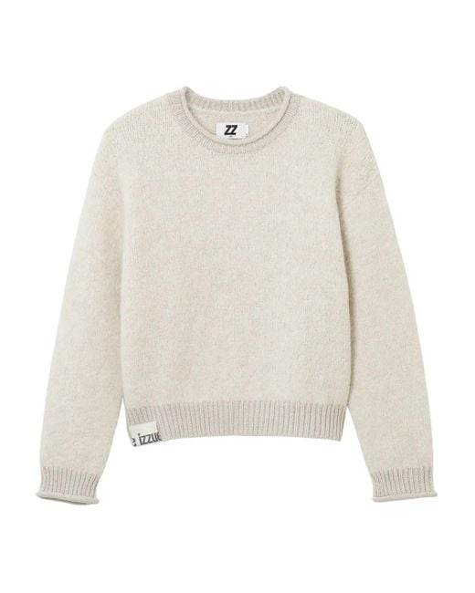 Izzue White Ribbed-Cuff Crew-Neck Sweater