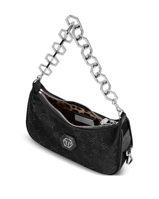 Philipp Plein Black Monogram-Pattern Satin Shoulder Bag