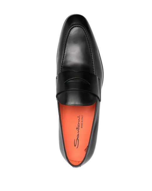 Santoni Black Polished Leather Penny Loafers for men