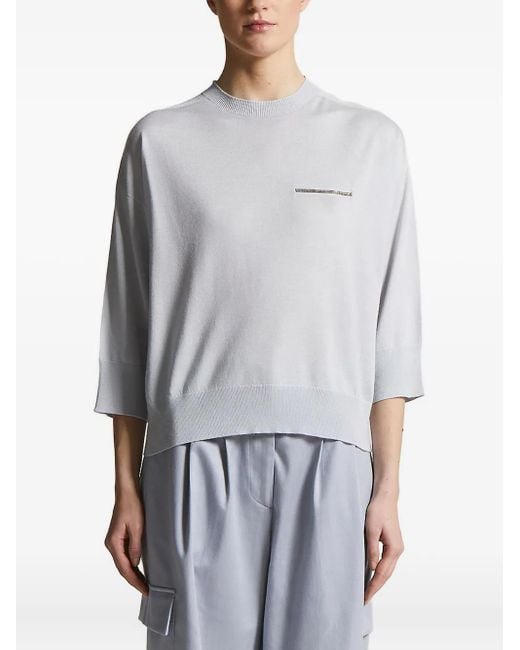 Peserico Gray Three-Quarter Sleeve Embellished Knitted Top