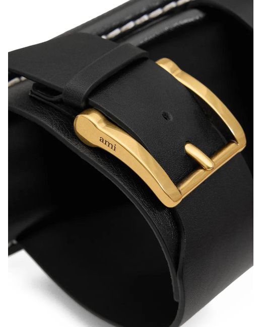 AMI Black Cow Leather Buckle Sandals