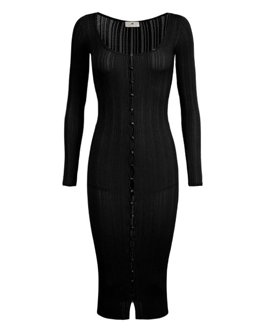 Elisabetta Franchi Black Ribbed-Knit Button-Front Midi Day Dress