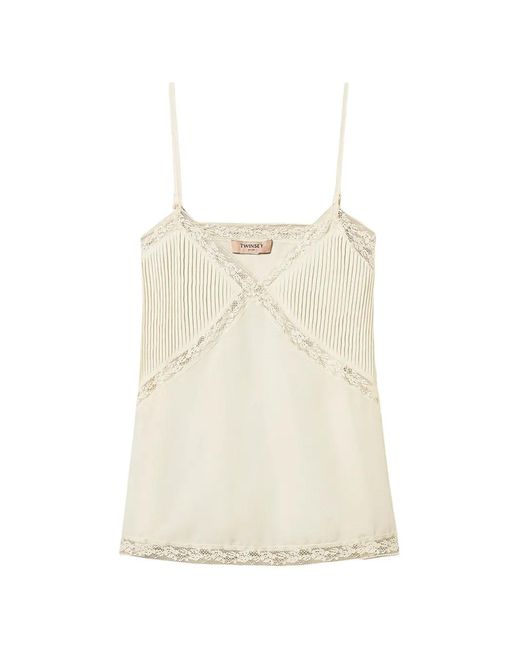Twinset Natural Crêpe De Chine And Lace Top