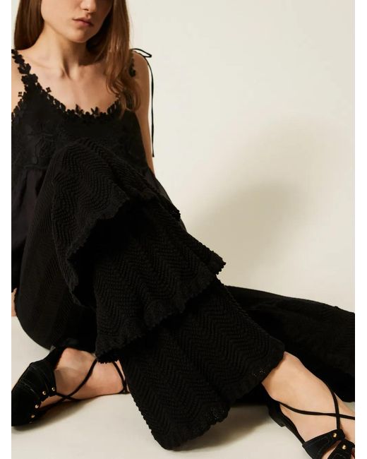 Twinset Black Knit Trousers With Ruffles