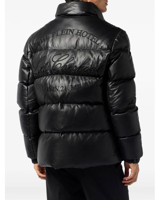 Philipp Plein Black Logo-Patch Leather Puffer Jacket for men