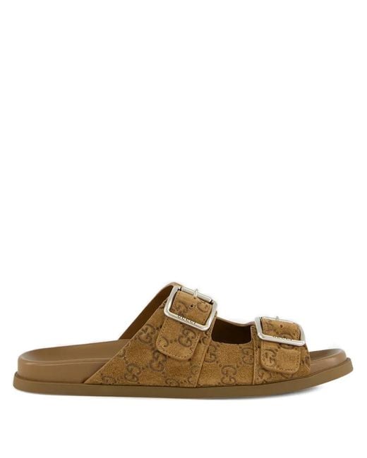 Gucci Brown Gg Monogram Double Buckle Sandals for men