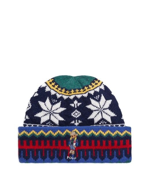 Polo Ralph Lauren Blue Jacquard Ribbed Knit Beanie for men
