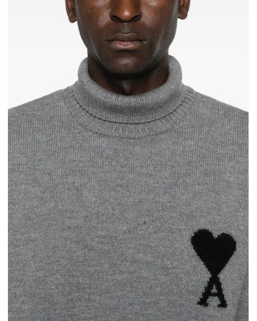 AMI Gray Ami De Coeur Roll-Neck Sweater for men