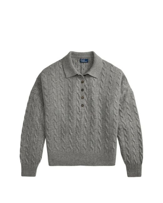 Polo Ralph Lauren Gray Rib-Knit Polo Sweater With Five-Button Closure