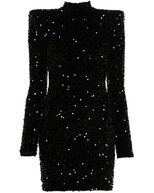 Elisabetta Franchi Black Long Sleeves High Neck Dress With Paillettes