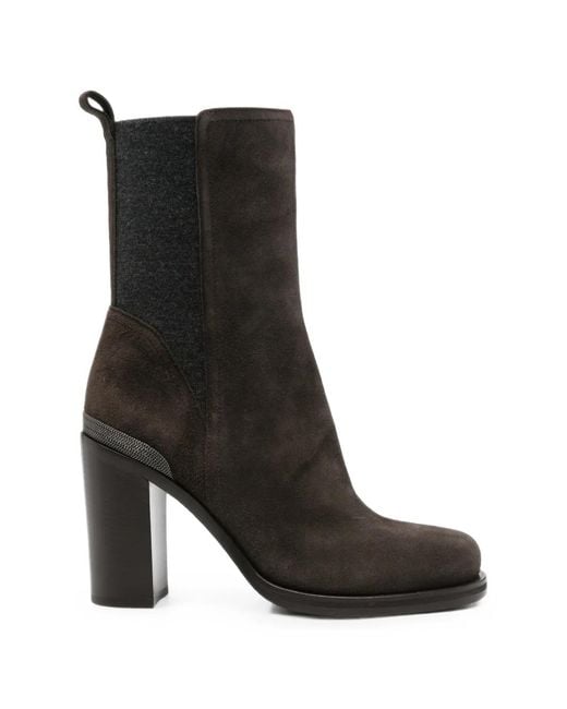 Brunello Cucinelli Black Monili-Trim Suede Ankle Boots