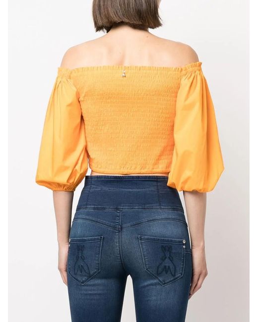 Patrizia Pepe Yellow Haut Crop Froncé À Épaules Dénudées