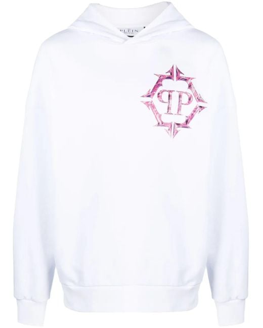 Philipp Plein White Chrome Logo-Print Cotton Hoodie for men
