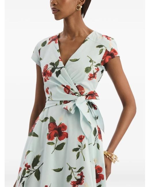 Oscar de la Renta White Hibiscus Cotton Poplin Wrap Dress