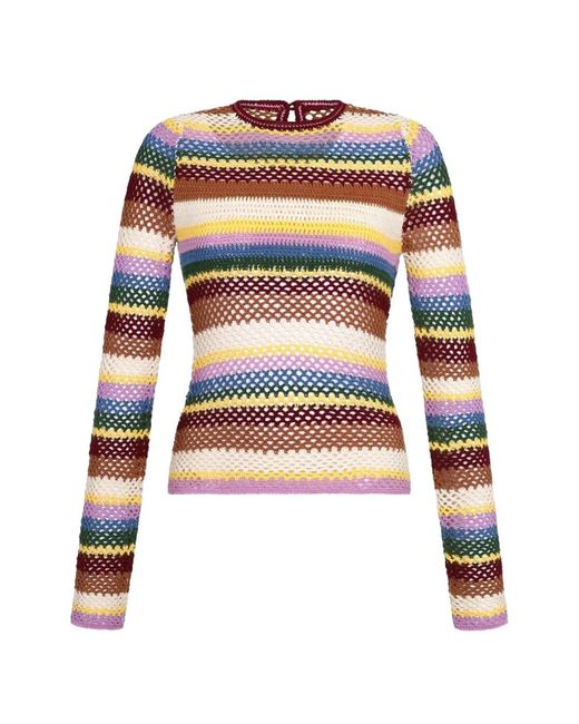 Carolina K White Mila Crochet-Knit Striped Cotton Top