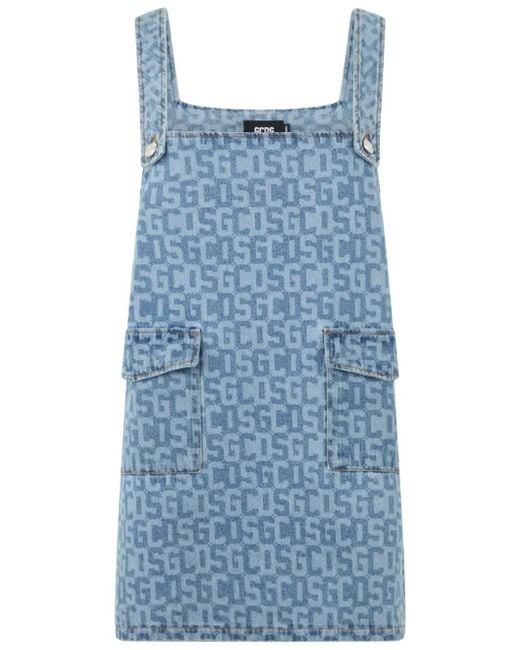 Gcds Blue Sleeveless Denim Monogram Dress