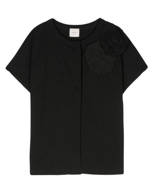 Alysi Black T-Shirt mit Blumenapplikation