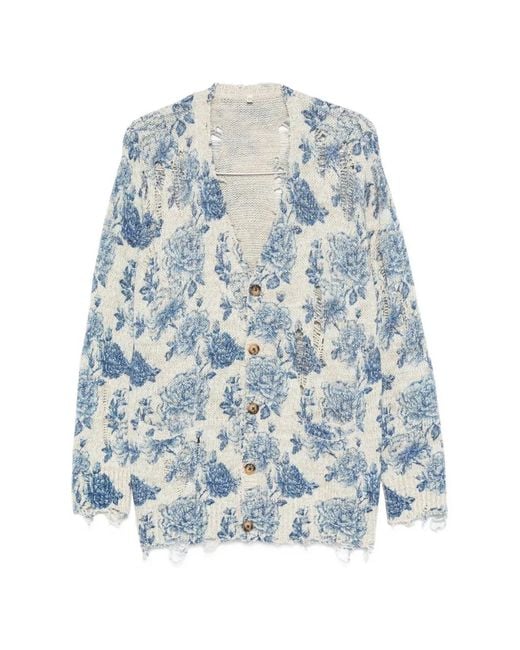 R13 Blue Floral-Print Distressed Cardigan