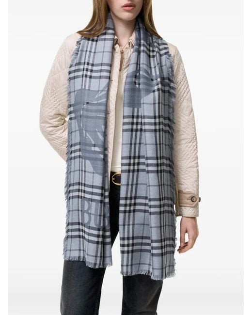 Burberry Blue Wide Knight Check Wool-Silk Scarf
