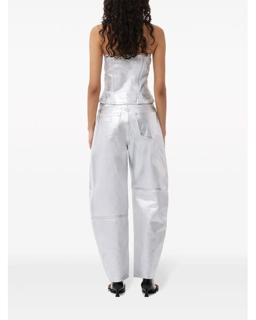 Ganni White Organic Cotton Metallic Logo Straight Jeans