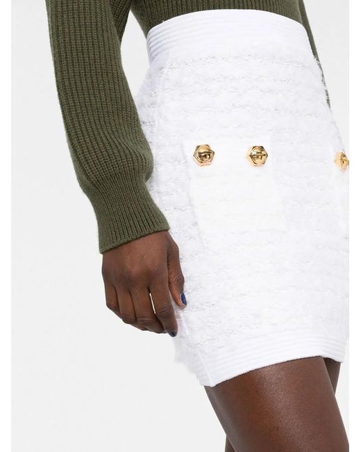 Balmain White Fitted Tweed Mini Skirt