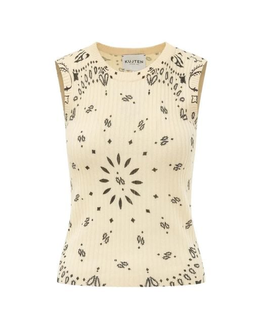Kujten Natural Ribbed Paisley-Print Top