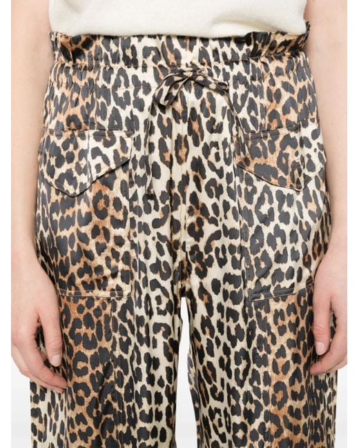 Ganni Brown Leopard Print Satin Trousers