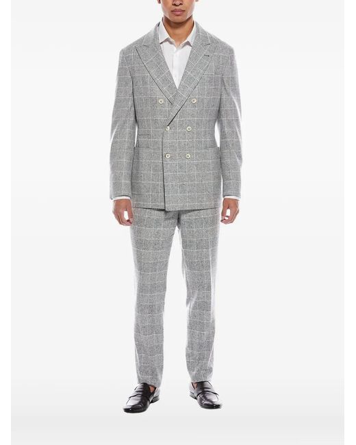 Brunello Cucinelli Gray Double-Breasted Checkered Suit for men
